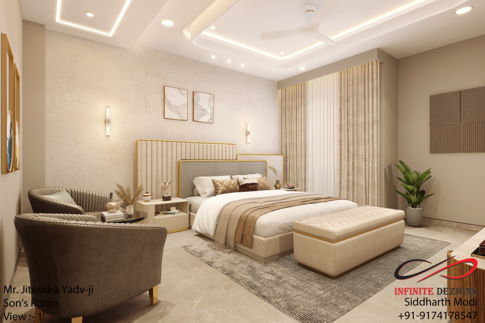 Contemporary Son's Bedroom with gold frame bed panel and layered false ceiling — Vijay Nagar Indore